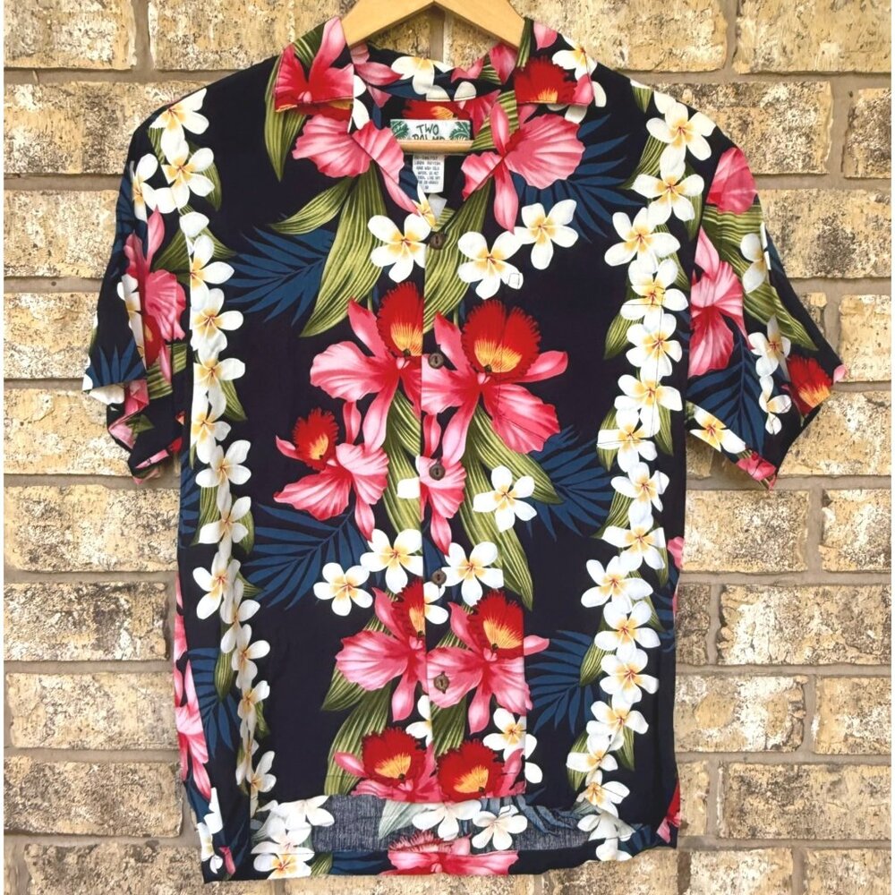 size S adult Hawaiian Short Sleeve Shirt Two Palms Tropical Floral Print made in